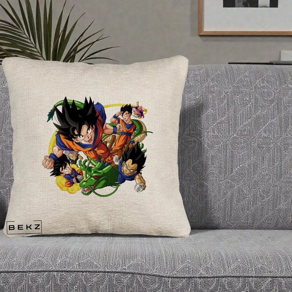 Perna Personalizata Dragon Ball Goku si Shenron Actiune, 40x40 cm, Bej Canapea, Husa Detasabila, Perna Inclusa, BEKZ®