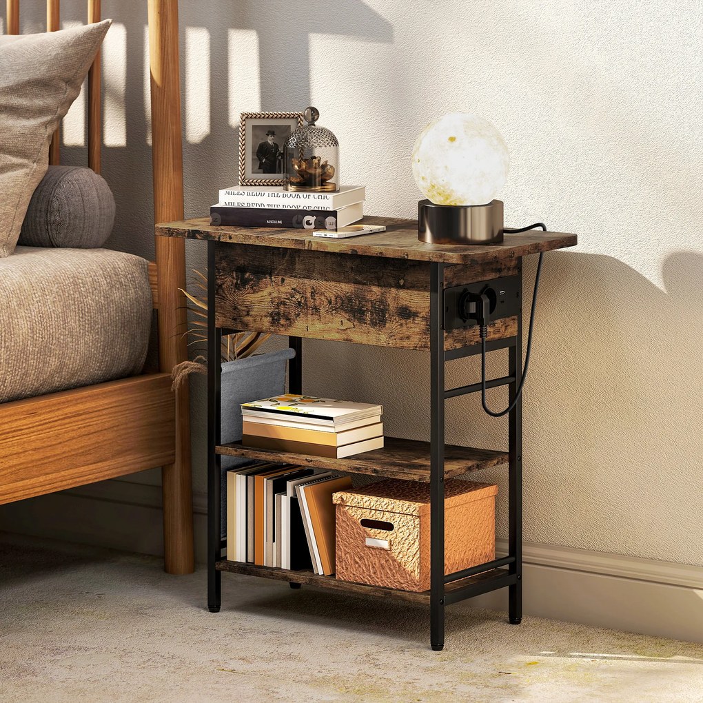 HOMCOM Măsuță de cafea măsuță de cafea cu stație de încărcare și buzunar de depozitare, 60 x 29,8 x 58,5 cm, brun rustic | Aosom Romania