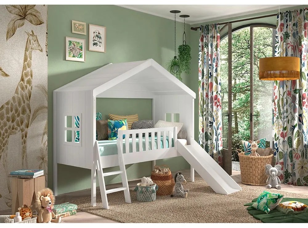Pat pentru copii alb de tip casă/înalt din lemn masiv de pin 90x200 cm Housebed – Vipack