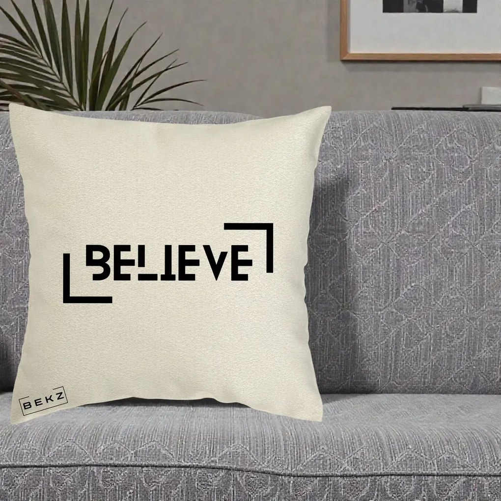 Perna Decorativa Believe Minimalist, 40x40 cm, Ecru, Husa Detasabila, Perna Inclusa, BEKZ®
