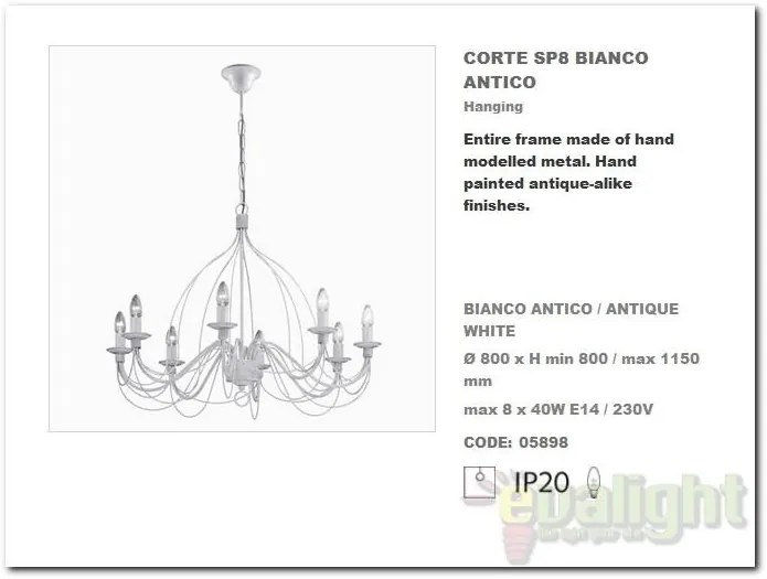 Candelabru clasic modelat si pictat manual disponibil in finisaj alb antichizat CORTE SP8 005898