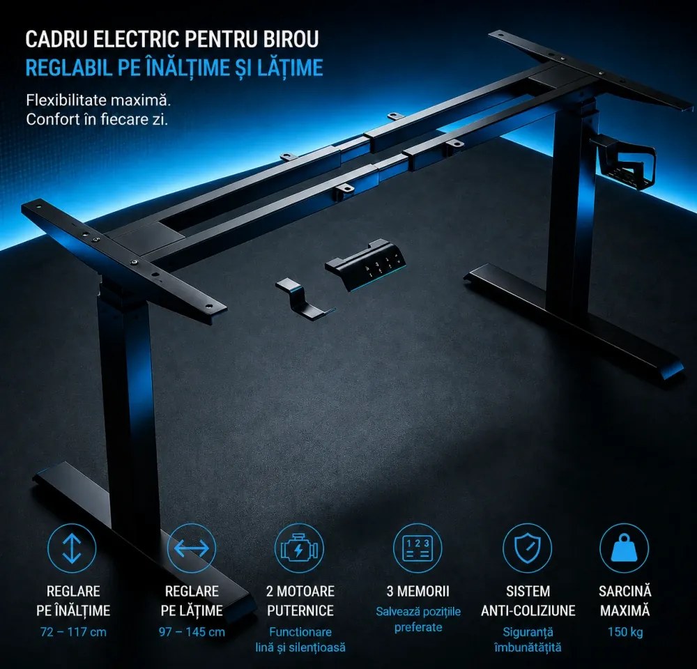 VARYON D16 – Cadru electric pentru birou, reglabil pe înălțime 72-117 cm și lățime 97-145 cm, 2 motoare, 3 memorii, sistem anti-coliziune, 150 kg, Negru