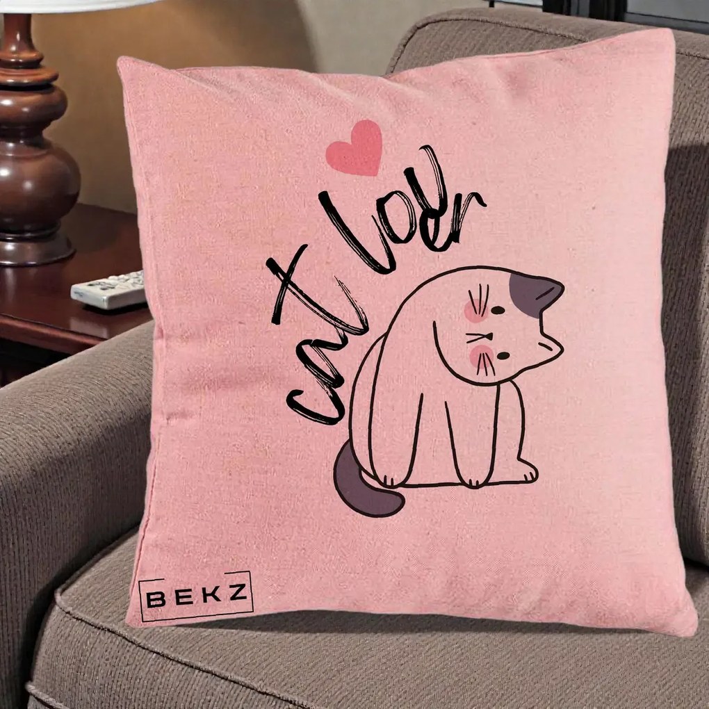 Perna Personalizata Cat Lover Pisica Ilustratie Linie, 40x40 cm, Roz, Husa Detasabila, Perna Inclusa, BEKZ®
