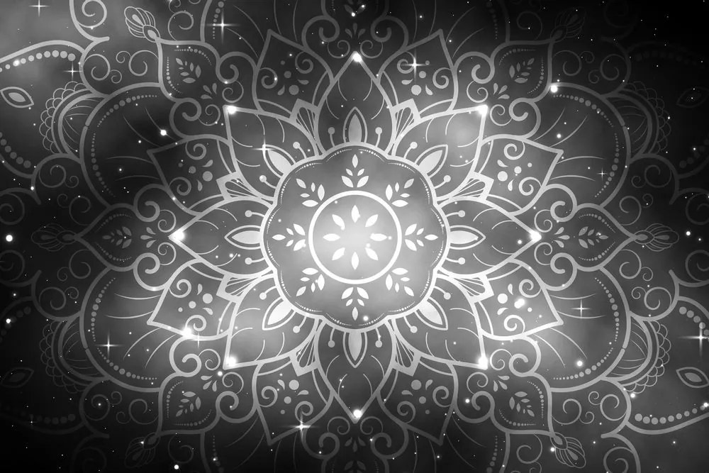 Tablou Mandala cu fundal galactic în design alb-negru