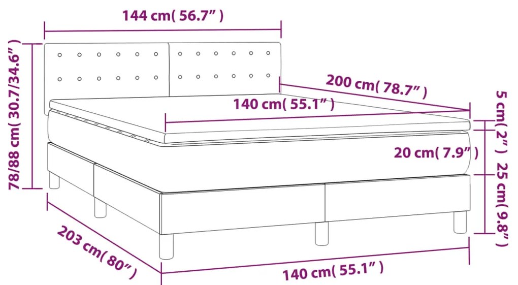 Pat cu arcuri, saltea si LED, crem, 140x200 cm, piele eco Crem, 140 x 200 cm, Nasturi de tapiterie