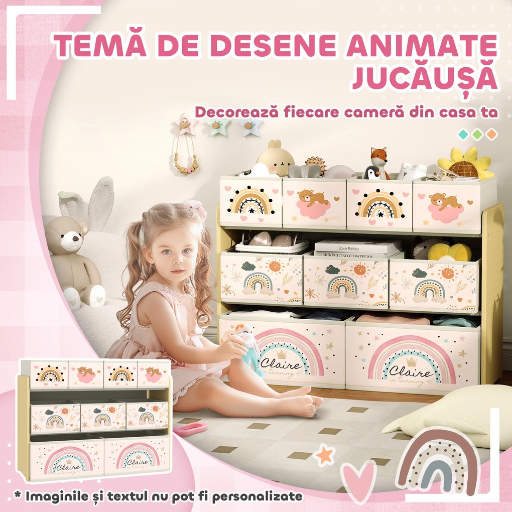 AIYAPLAY Etajeră Depozitare Jucării cu 3 Niveluri și 9 Cutii de Țesătură, Mobilier Depozitare Jucării, 93x30x70 cm, Galben | Aosom Romania