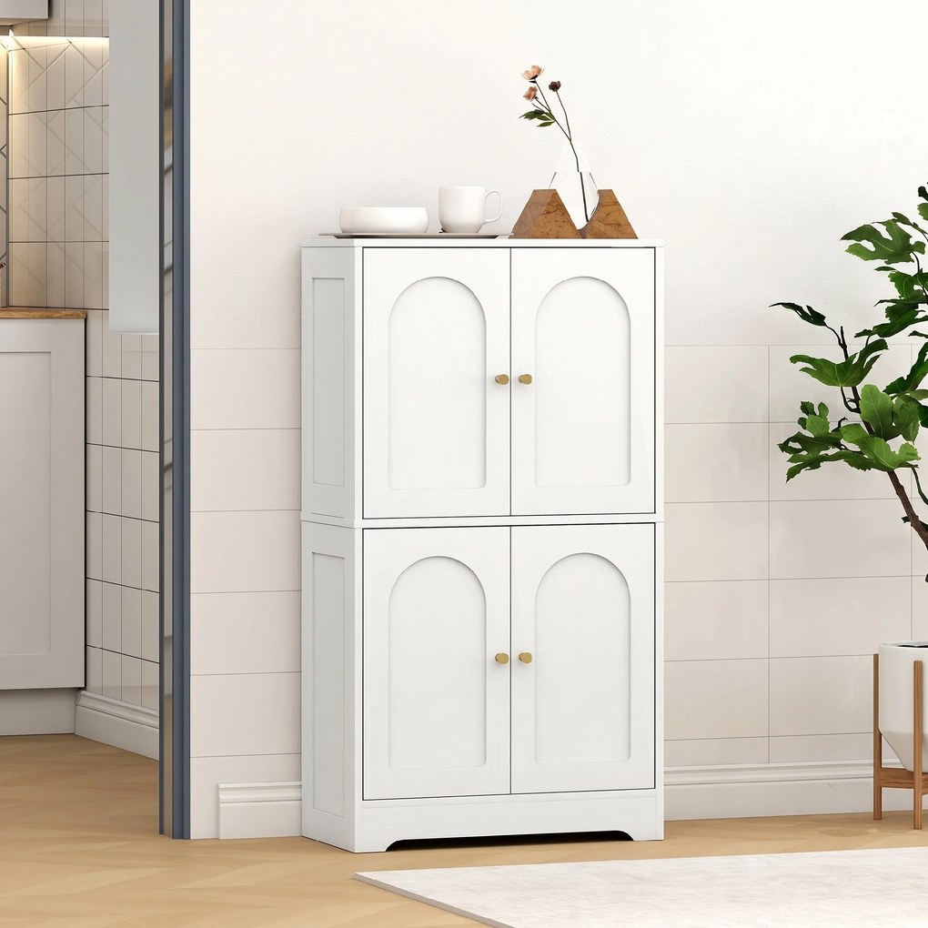 HOMCOM Comodă Bucătărie, Dulap Bucătărie cu 2 Dulapuri, 4 Uși Arcuite, 2 Rafturi Reglabile, cu Dispozitiv Anti-Răsturnare, 60x30x110 cm, pentru Sala de Masă, Living, Alb | Aosom Romania