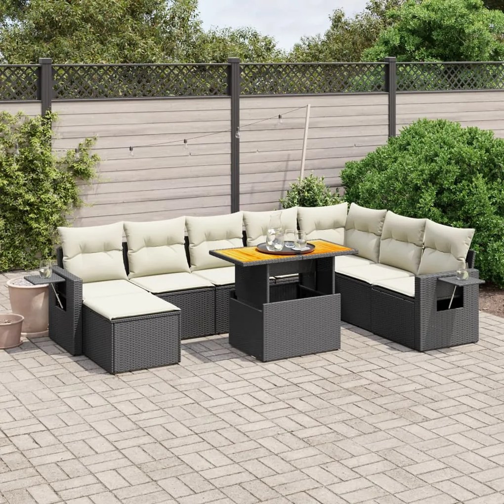 vidaXL Set mobilier de grădină cu perne, 9 piese, negru, poliratan