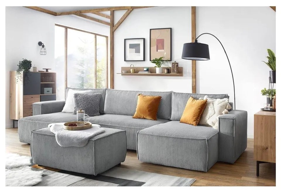 Taburet gri deschis cu tapițerie din catifea reiată Nihad – Bobochic Paris