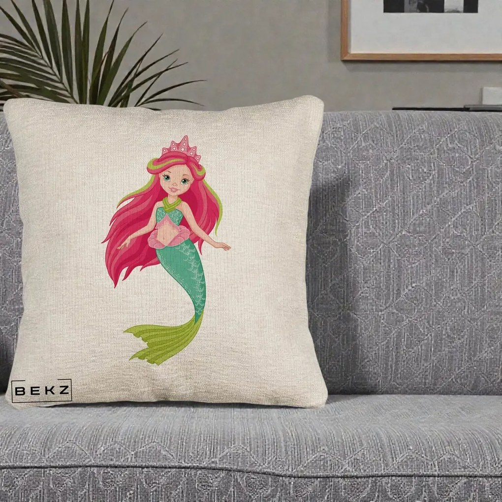 Perna Decorativa Sirena Roz cu Coroana, 40x40 cm, Bej Canapea, Husa Detasabila, Perna Inclusa, BEKZ®