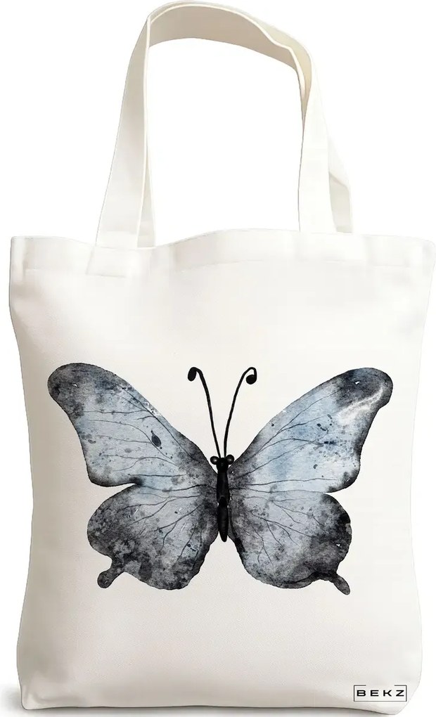 Sacosa de Panza pentru Cumparaturi, Geanta Tote, model Watercolor Butterfly 2, 38x34.5 cm, Alba, BEKZ®