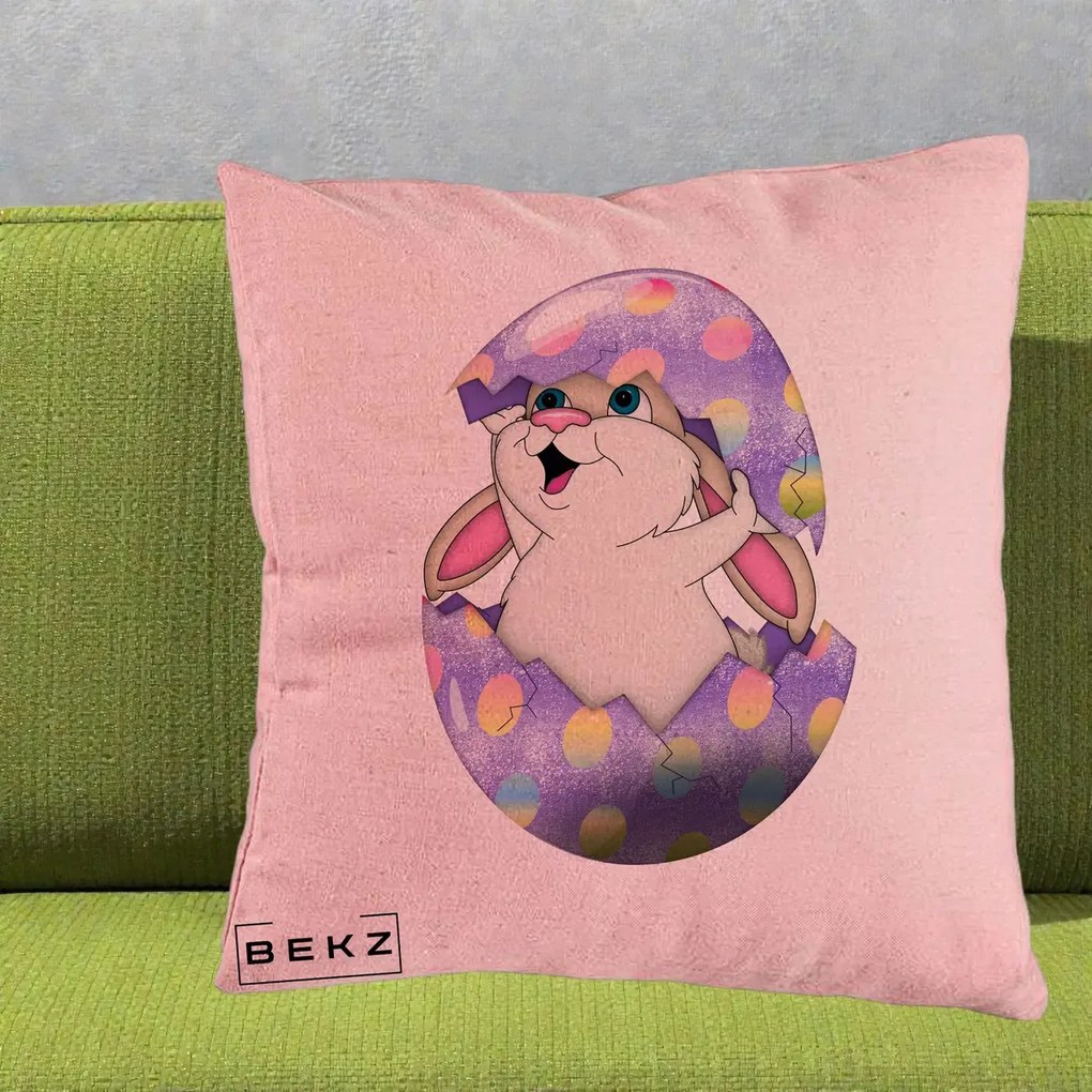 Perna Decorativa Iepuras din Ou de Pasti, 40x40 cm, Roz, Husa Detasabila, Perna Inclusa, BEKZ®