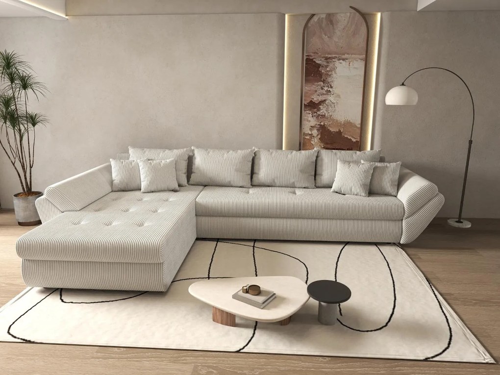 Colțar extensibil dumonde cu ladă de depozitare si sezut confortabil din spuma high-density, Loana XL Zoom Cream 335x185 cm