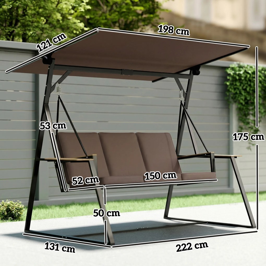 Outsunny Balansoar de Grădină cu 3 Locuri și Acoperiș Reglabil, Balansoar de Exterior din Metal cu Tăvi pentru Băuturi, Perne Imbătute, Capacitate 360kg, pentru Terasă sau Balcon, 222x131x175 cm, Maro | Aosom Romania