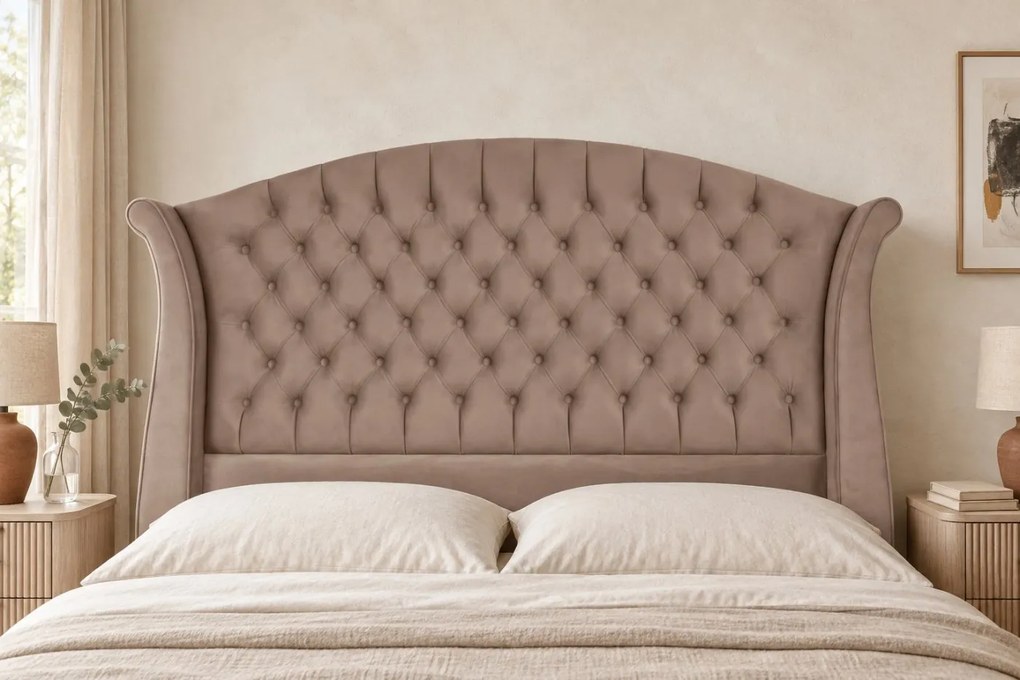 Pat tapițat Chesterfield din catifea Sorella Simple 140×200 cm, cappuccino, cu ladă de depozitare