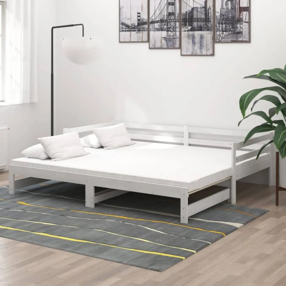 Pat extensibil de zi, alb, 2x(90x200) cm, lemn masiv de pin