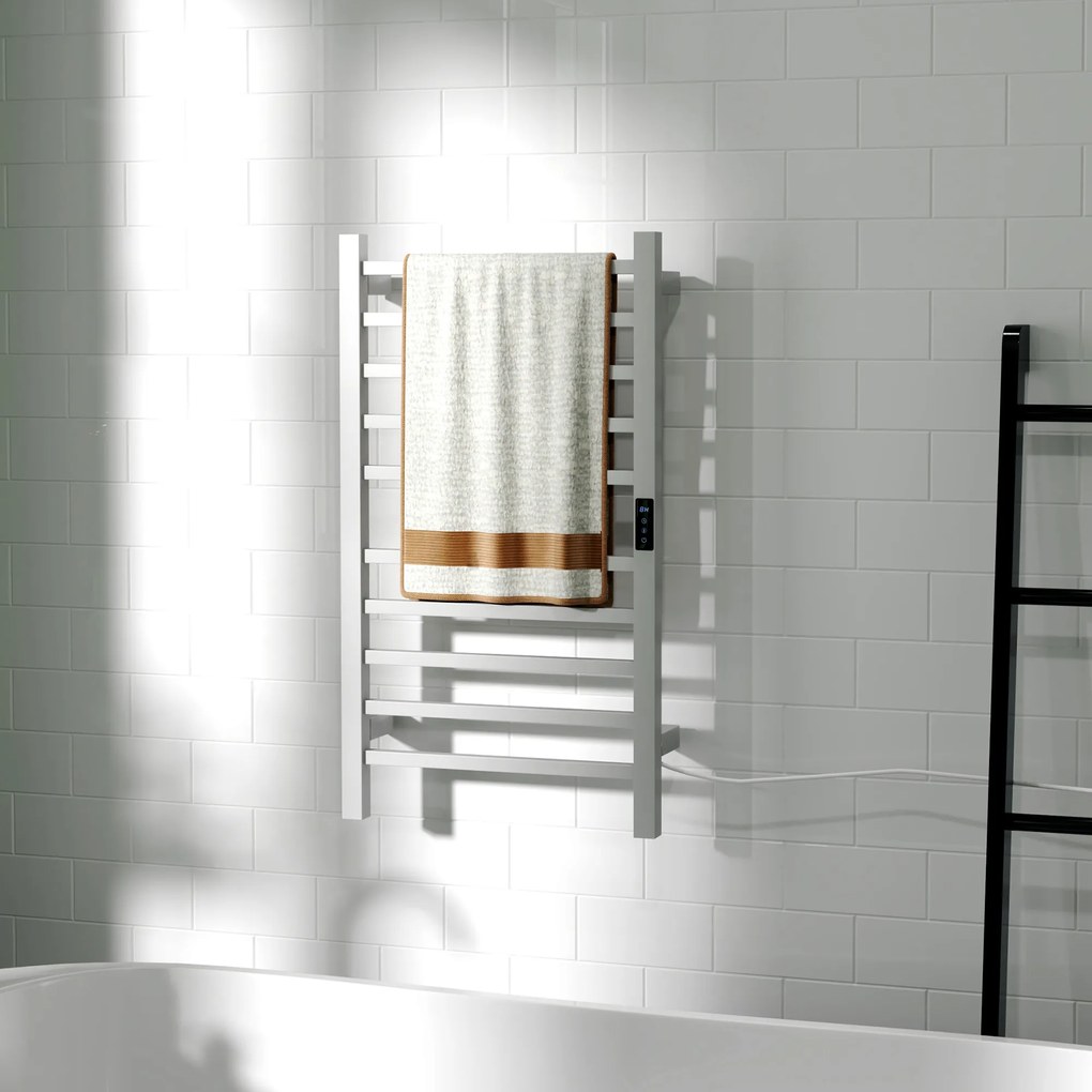 HOMCOM Uscător de Prosoape Electric cu 10 Bare, Timer, Afișaj LCD și Temperatură Reglabilă, 45x11x80 cm, Alb | Aosom Romania