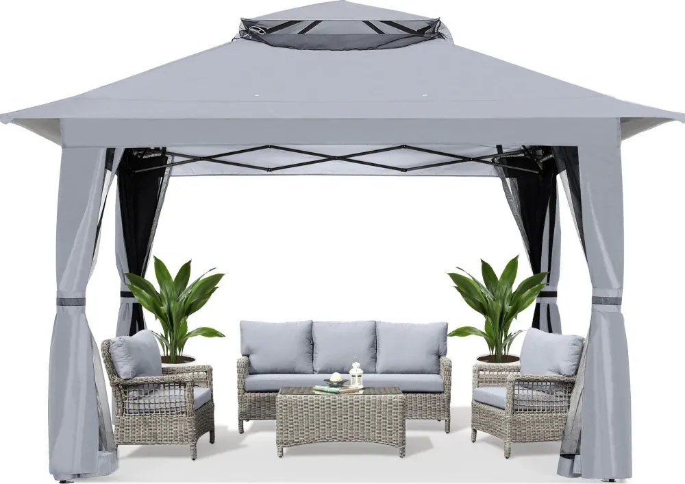ABCCANOPY Foișor de gradina 3.96x3.96 m - Foișor exterior cu cadru din oțel și plasă de țânțari, înălțime reglabilă 3 trepte, pentru gazon, curte, grădină, terasă, Gri