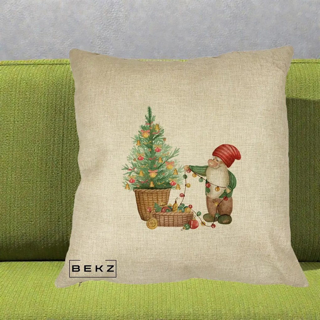 Perna Decorativa Pitic de Craciun cu Brad, 40x40 cm, Crem, Husa Detasabila, Perna Inclusa, BEKZ®