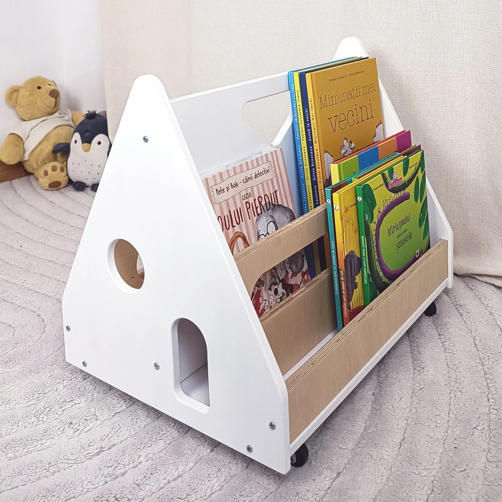 Biblioteca Montessori cu roti, in forma de casuta BOOKY Pearl Albastru