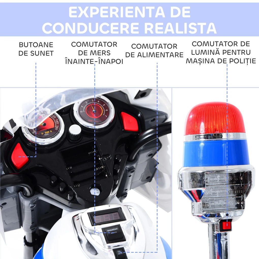 HOMCOM Motoreta Electrică 3 Roti pentru Copii cu Efecte Sonore și Luminoase, Include Muzică, 112x51x72.5cm | Aosom Romania