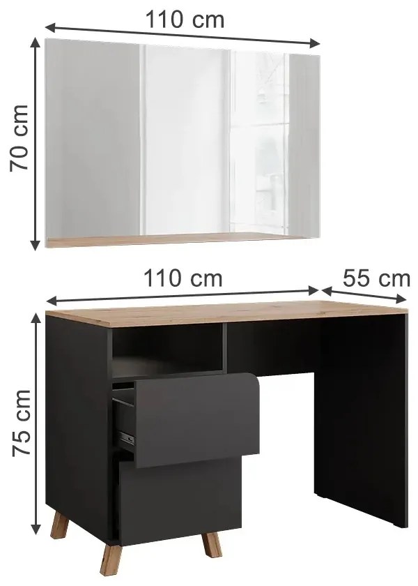 SEG18 - Set Masa toaleta 110 cm, cosmetica, machiaj, oglinda cu sau fara LED, masuta vanity cu sau fara scaun, make-up - Gri Antracit - Culoarea