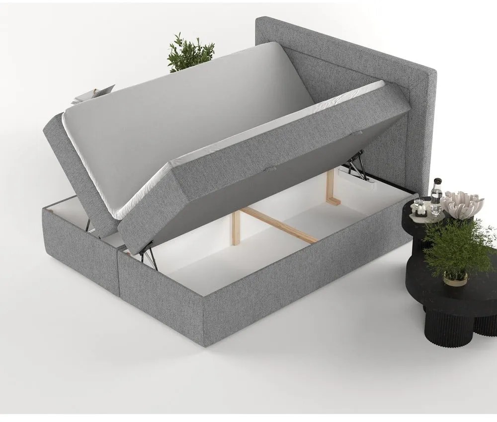 Pat boxspring gri cu spațiu de depozitare 200x200 cm Imagine – Maison de Rêve