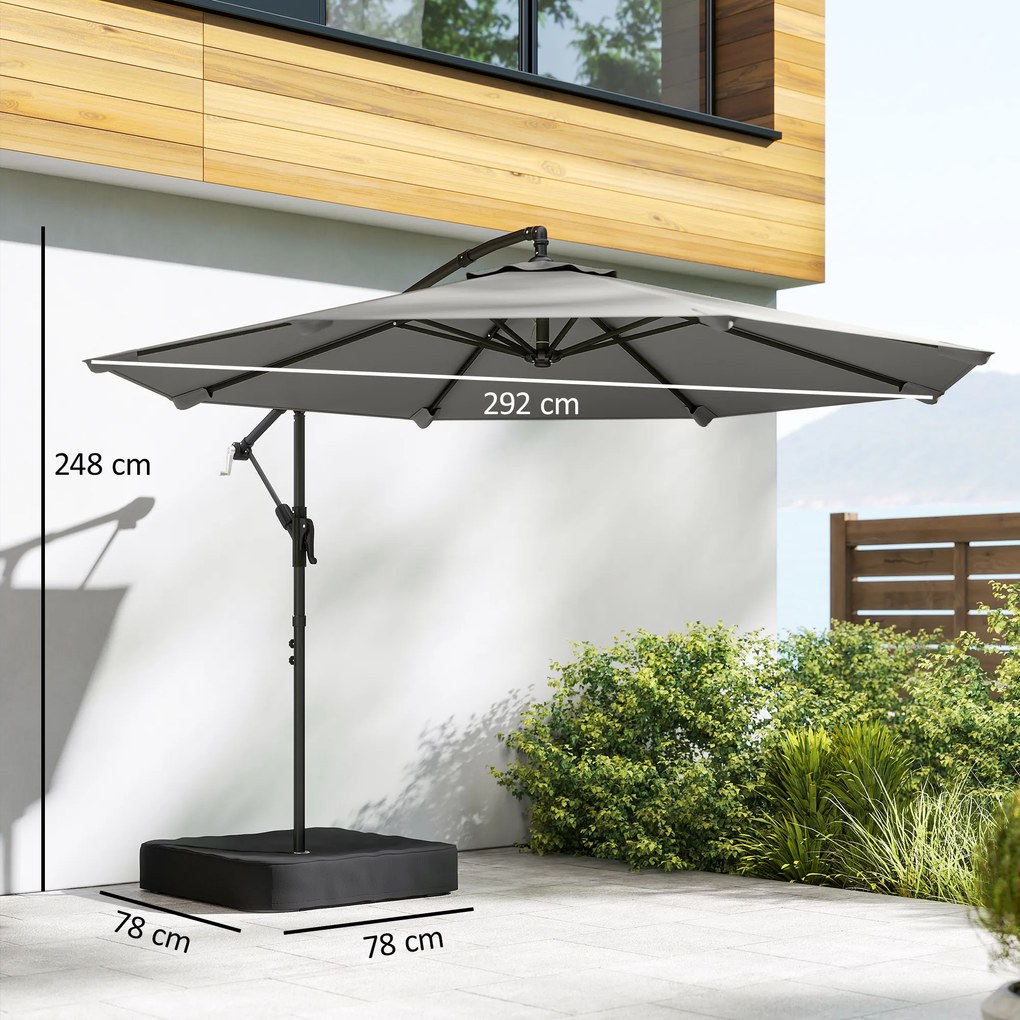 Outsunny Parasol cu braț lateral pentru grădină 300 cm cu bază în cruce, sac de nisip, parasol tip banană rotativ 360°, gri | Aosom Romania