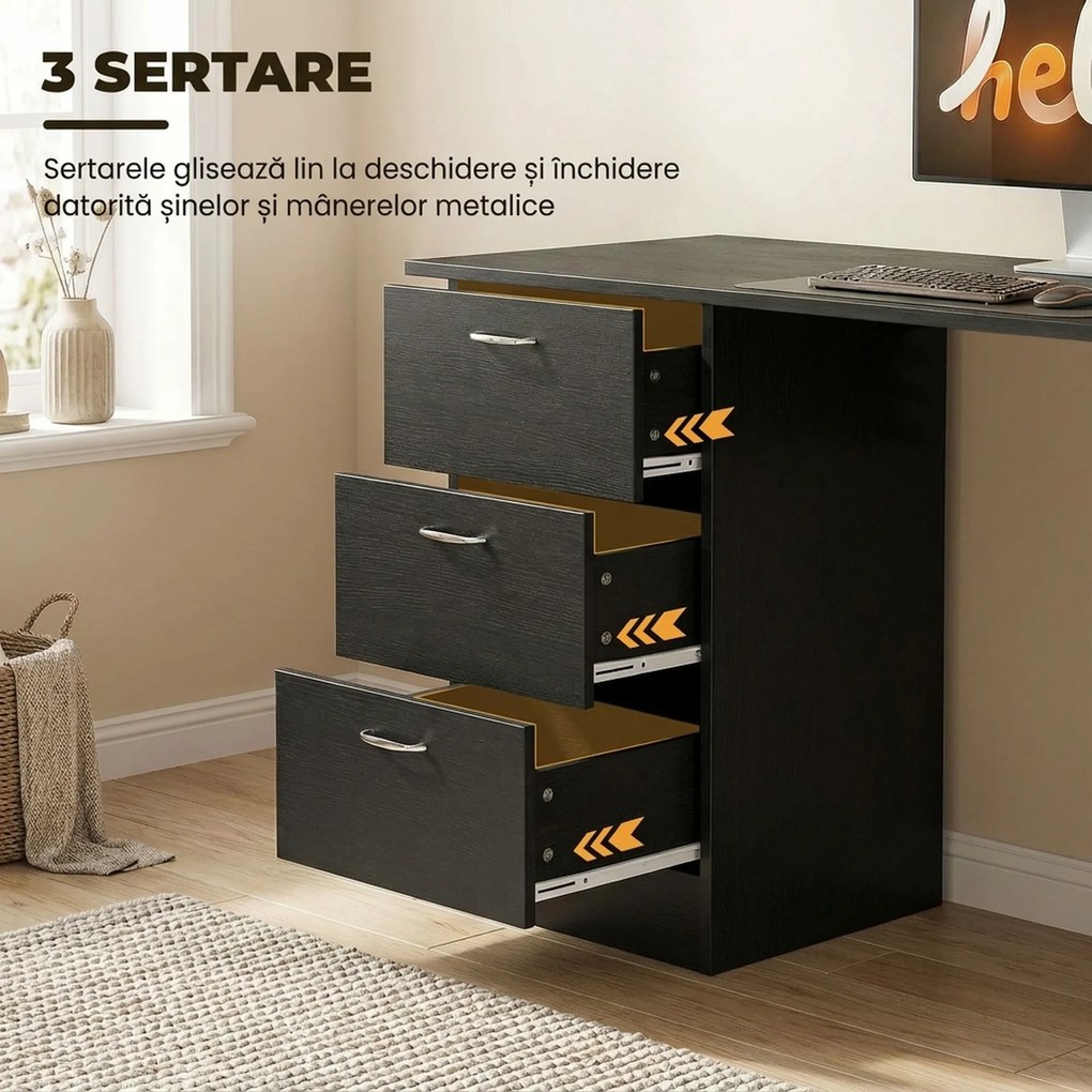 HOMCOM Birou de Calculator Modern, Masa de Lucru cu 3 Sertare și Raft pentru Depozitare, Design Elegant, Negru | Aosom Romania
