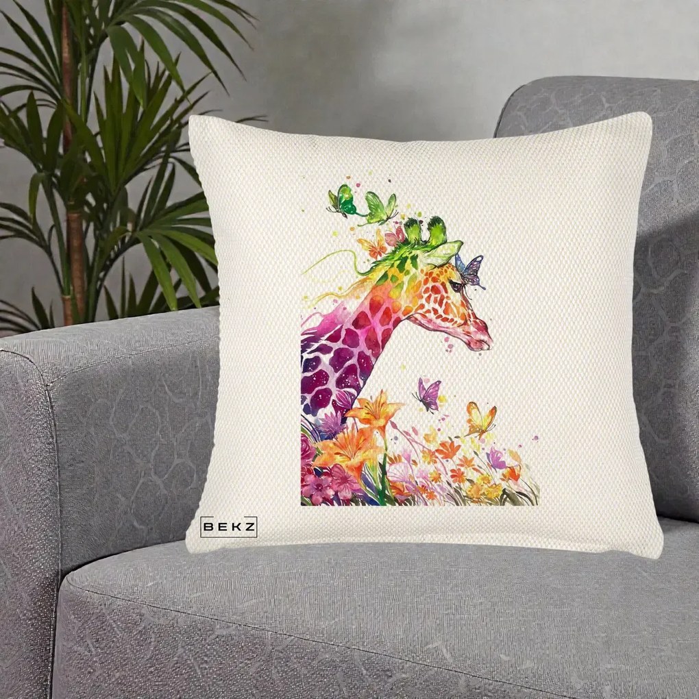 Perna Decorativa Girafa Curcubeu Acuarela, 40x40 cm, Crem Reliefat, Husa Detasabila, Perna Inclusa, BEKZ®