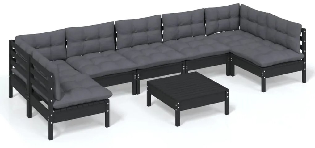 3097173 vidaXL Set mobilier de grădină cu perne 8 piese negru lemn masiv pin