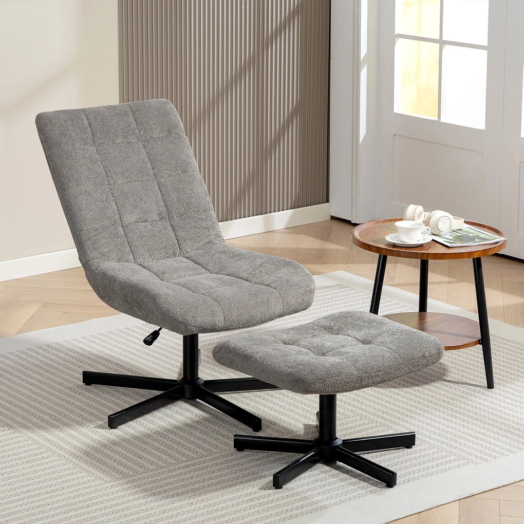HOMCOM Scaun reclinabil pe 4 niveluri cu otoman separat în efect de catifea, 66x80x93-104 cm, Gri | Aosom Romania