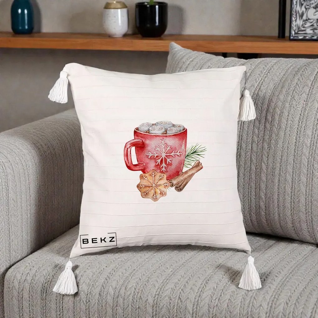 Perna Decorativa Cacao de Iarna cu Biscuit, 40x40 cm, Bej cu Franjuri, Husa Detasabila, Perna Inclusa, BEKZ®