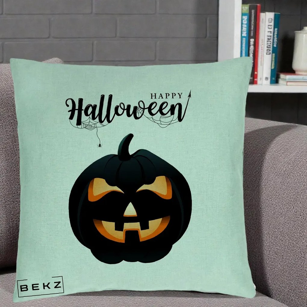 Perna Decorativa Happy Halloween Dovleac Negru cu Paianjen, 40x40 cm, Verde Menta, Husa Detasabila, Perna Inclusa, BEKZ®