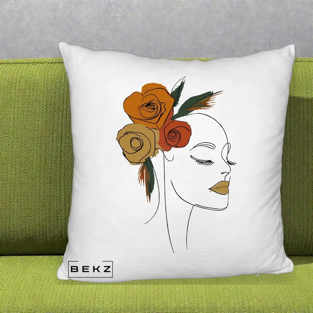 Perna Decorativa Portret Feminin Trandafiri Ruginii, 40x40 cm, Alb Pufos, Husa Detasabila, Perna Inclusa, BEKZ®