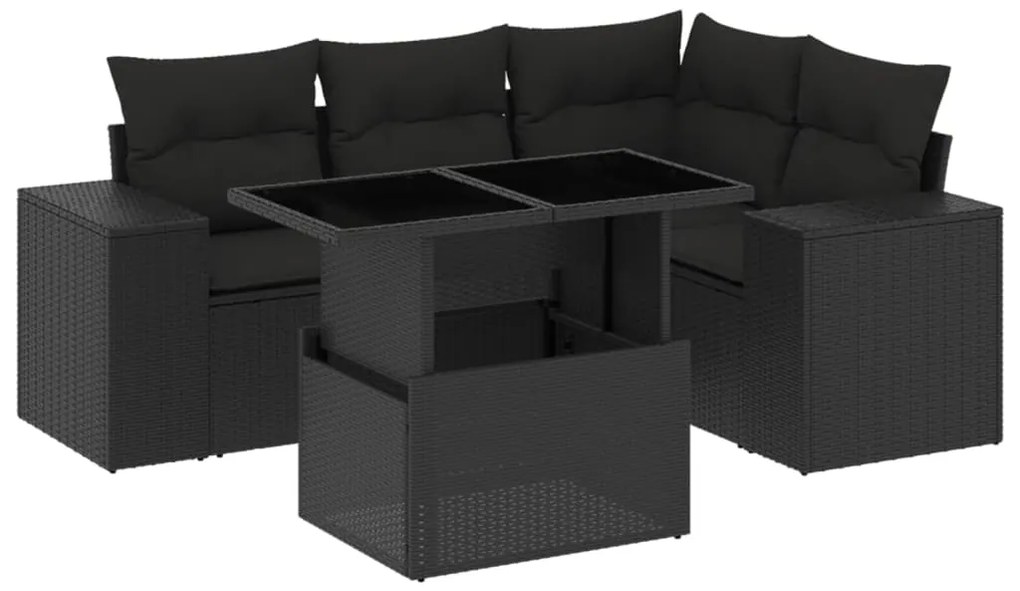 3269135 vidaXL Set mobilier de grădină cu perne, 5 piese, negru, poliratan