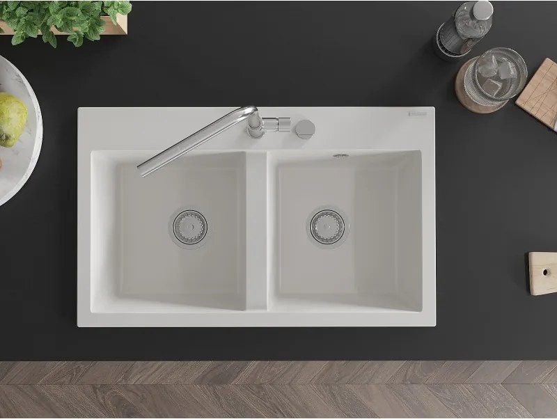 Mexen Hektor chiuvetă de bucătărie din granit cu 2 compartimente 800 x 480 mm, albă, sifon crom - 6521802000-20