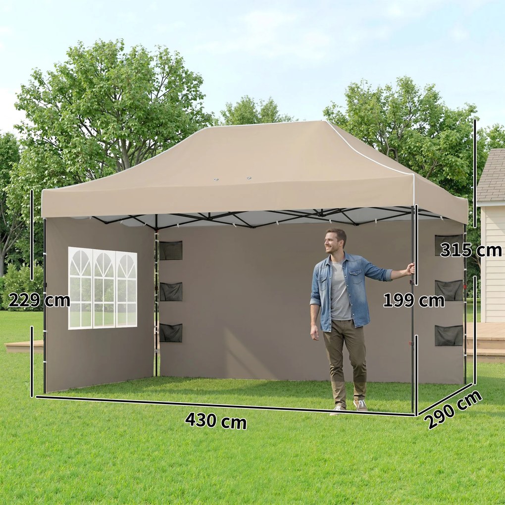 Outsunny Pavilion 3x4,3m, Acoperiș UPF50+, Pereți, Geantă cu Roți, Tenda Grădină, Maro Nisipiu | Aosom Romania