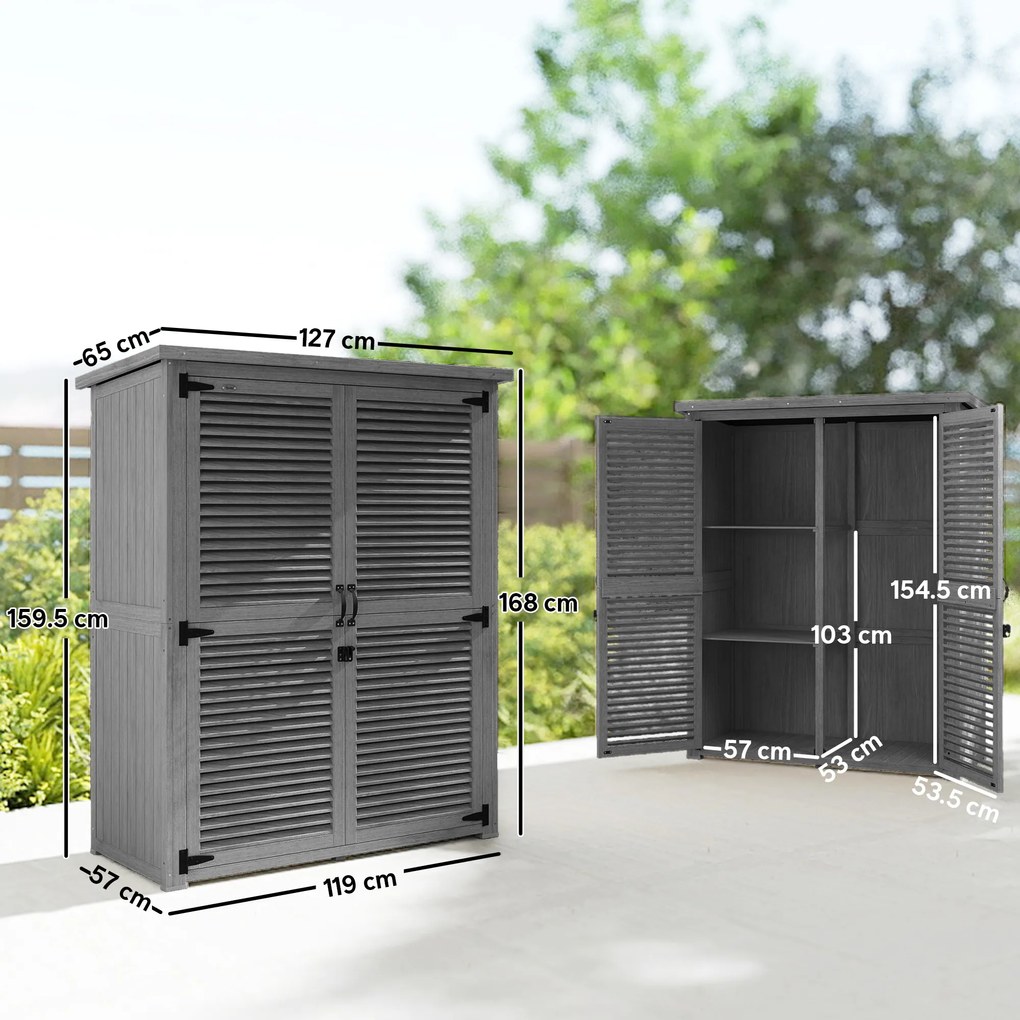 Outsunny Dulap de Grădină 0,83 m² 127x65x168 cm cu 2 Uși tip Oblon 2 Rafturi 2 Mânere și Acoperiș Impermeabil Gri | Aosom Romania