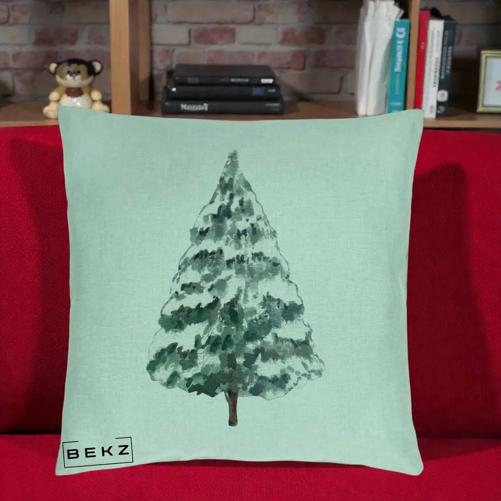 Perna Decorativa cu tematica de Craciun, Brad 2, 40x40 cm, Verde Menta, Husa Detasabila, Perna Inclusa, BEKZ®