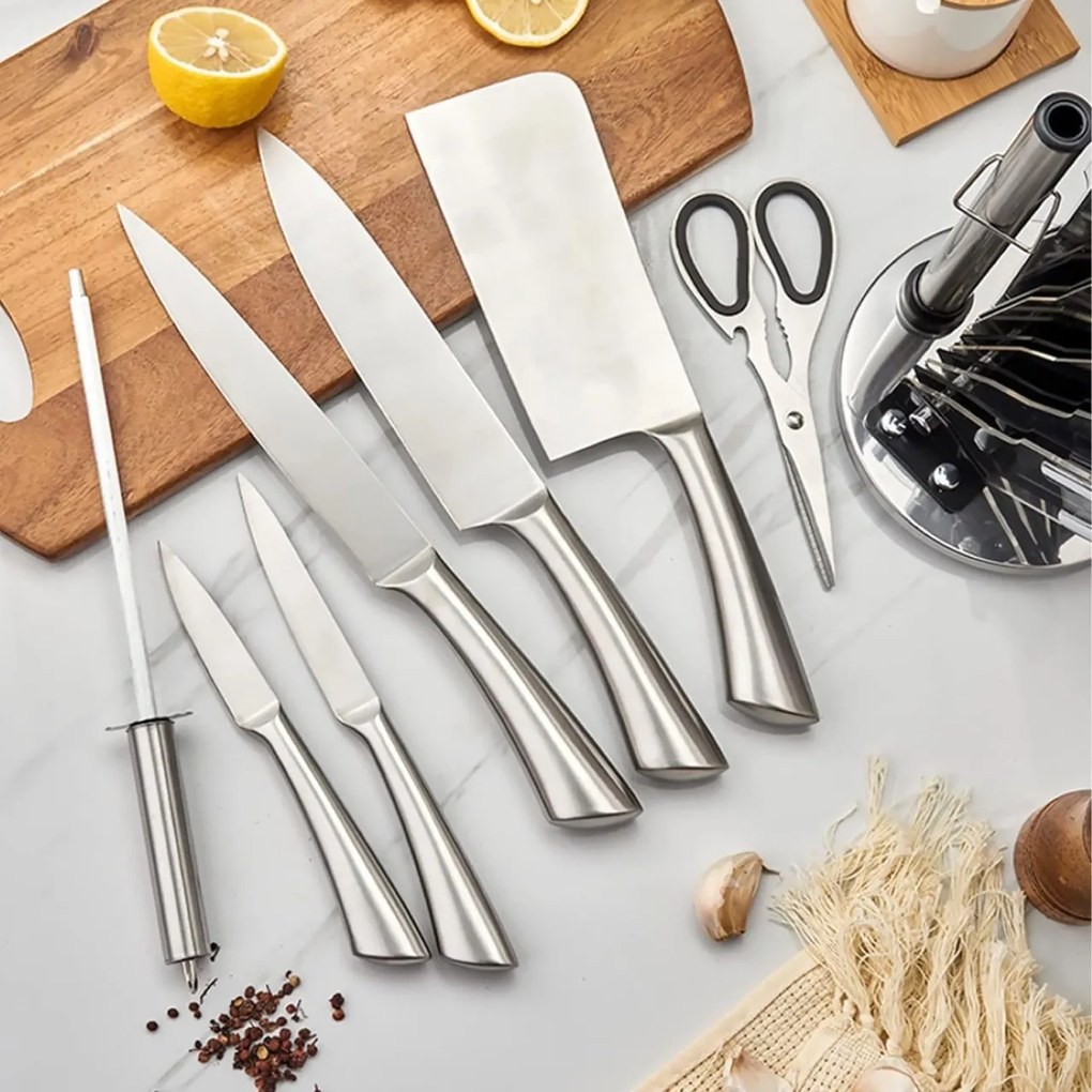 Set cutite inox cu suport Royalty line RL KSS600, cu instrument de ascutire si foarfeca de bucatarie