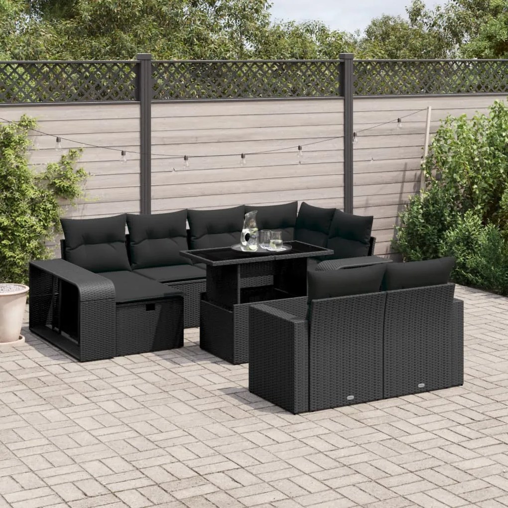 vidaXL Set canapele de grădină cu perne, 11 piese, negru, poliratan