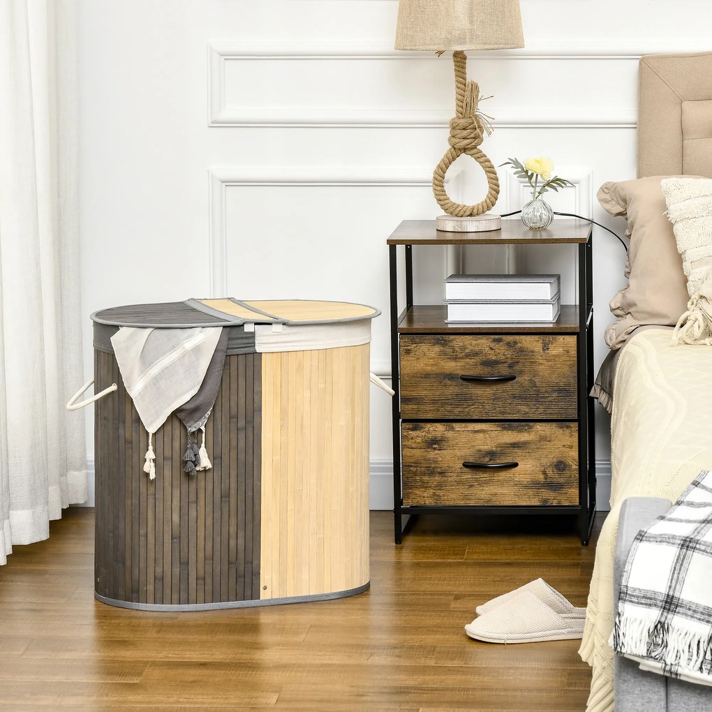 HOMCOM Cos de rufe din bambus 100L cu 2 sectiuni, capac si sac detasabil 62,5 x 37 x 60,5 cm - gri | Aosom Romania