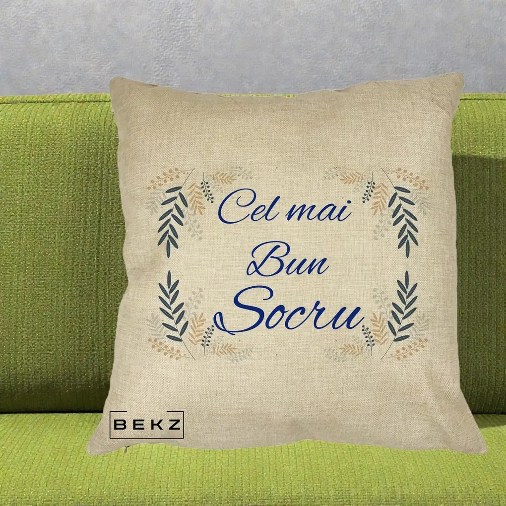 Cadou pentru Socru - Perna Personalizata Cel mai Bun Socru cu Ramuri Frunze Albastre si Aurii, 40x40 cm, Crem, Husa Detasabila, Perna Inclusa, BEKZ®