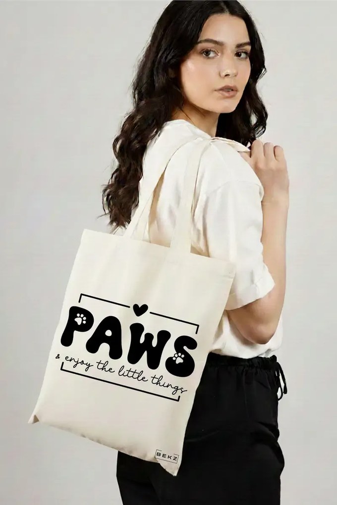 Sacosa de Panza pentru Cumparaturi, Geanta Tote, model Paws enjoy the little things 38 x 34.5 cm, Alba, BEKZ®