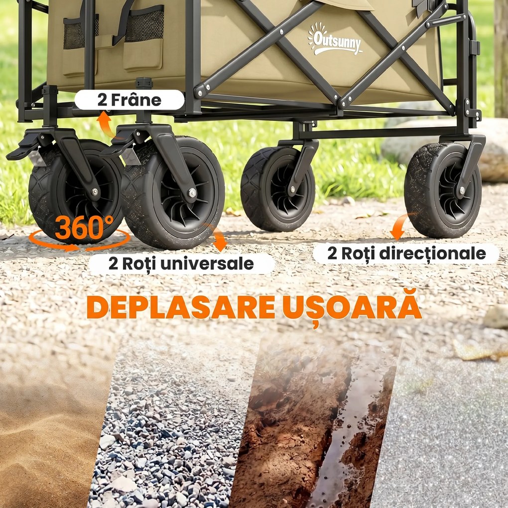 Outsunny Cărucior de Exterior Pliabil, Rezistent pentru Camping, cu Ușă în Spate Deschidere și Maner Telescopic | Aosom Romania