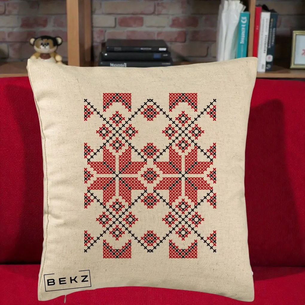 Perna Personalizata Motiv Traditional Cusatura Rosu-Negru, 40x40 cm, Bej, Husa Detasabila, Perna Inclusa, BEKZ®