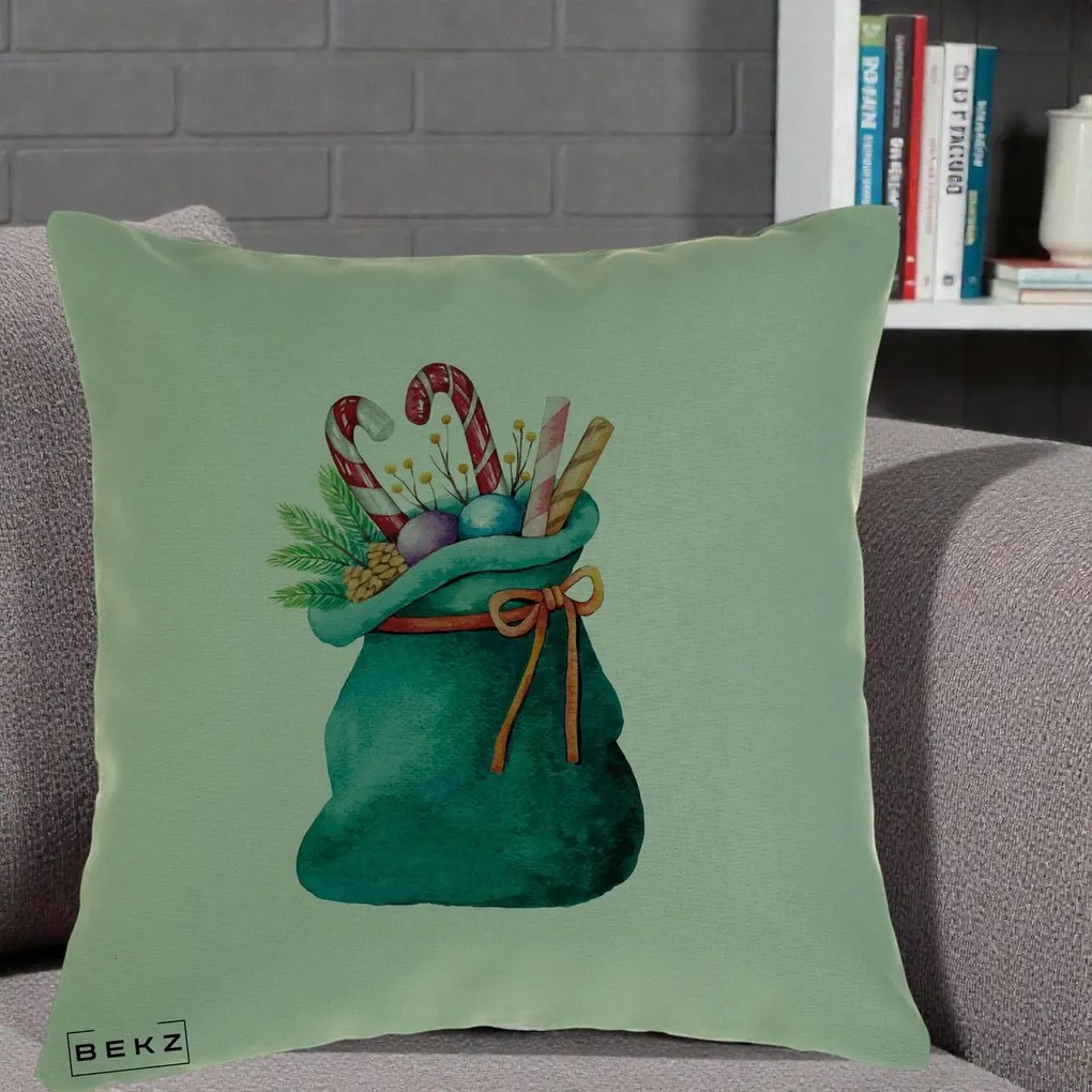 Perna Decorativa Saculet Cadouri Mos Craciun Acuarela Verde, 40x40 cm, Verde, Husa Detasabila, Perna Inclusa, BEKZ®