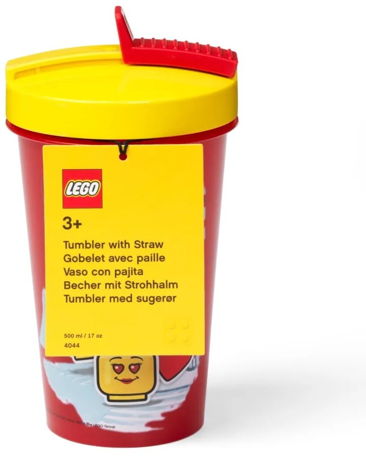Pahar cu capac galben și pai LEGO® Iconic, 500 ml, roşu