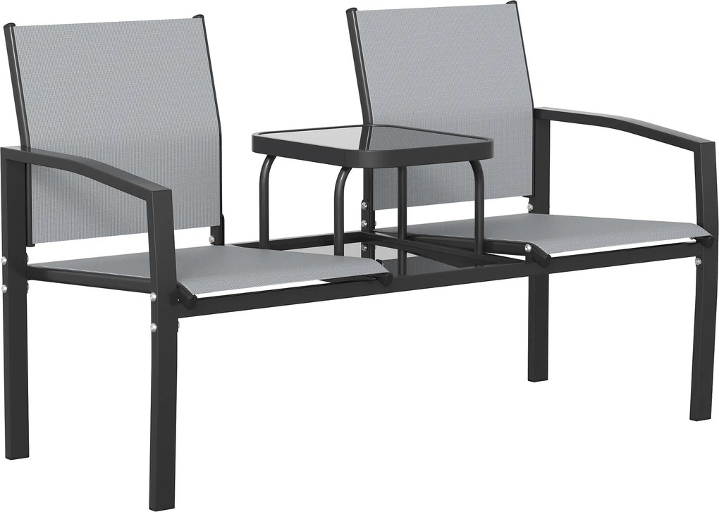 Outsunny Bancă de grădină pentru 2 persoane cu spătar și brațere, masă din sticlă în 2 niveluri, rezistă la 240 kg 135 x 67 x 81 cm Gri | Aosom Romania